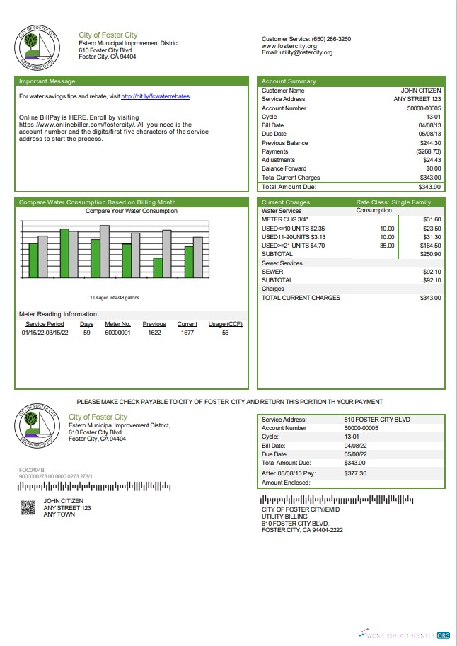 download USA California City of Foster City utility bill template in Word and PDF format PDF template
